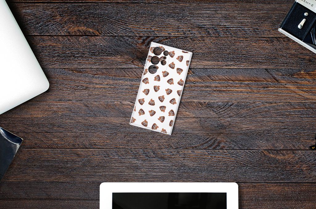 TPU bumper voor Samsung Galaxy S24 Ultra Poep Emojis met poep emoji design 💩 op een houten tafel.