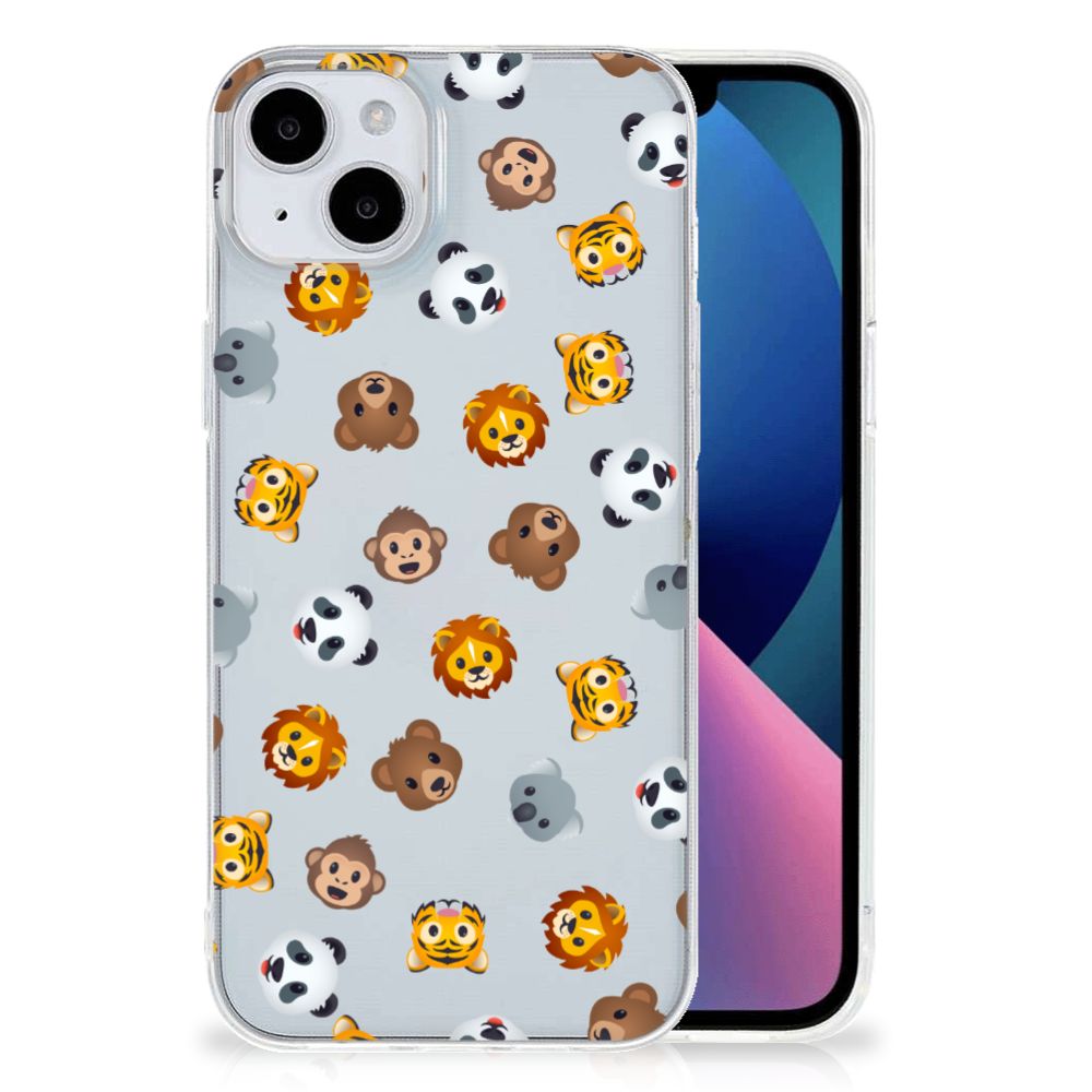 TPU bumper voor iPhone 15 Plus Dieren Emojis met schattige dieren emojis zoals leeuw, panda, en aap.