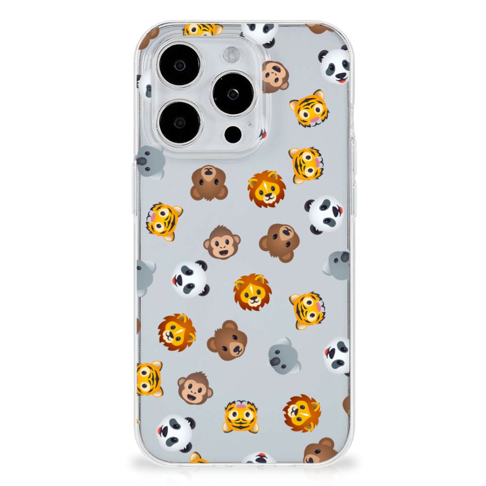 TPU bumper voor iPhone 15 Pro Dieren Emojis met vrolijke dieren emojis zoals leeuw 🦁, panda 🐼 en aap 🐒.