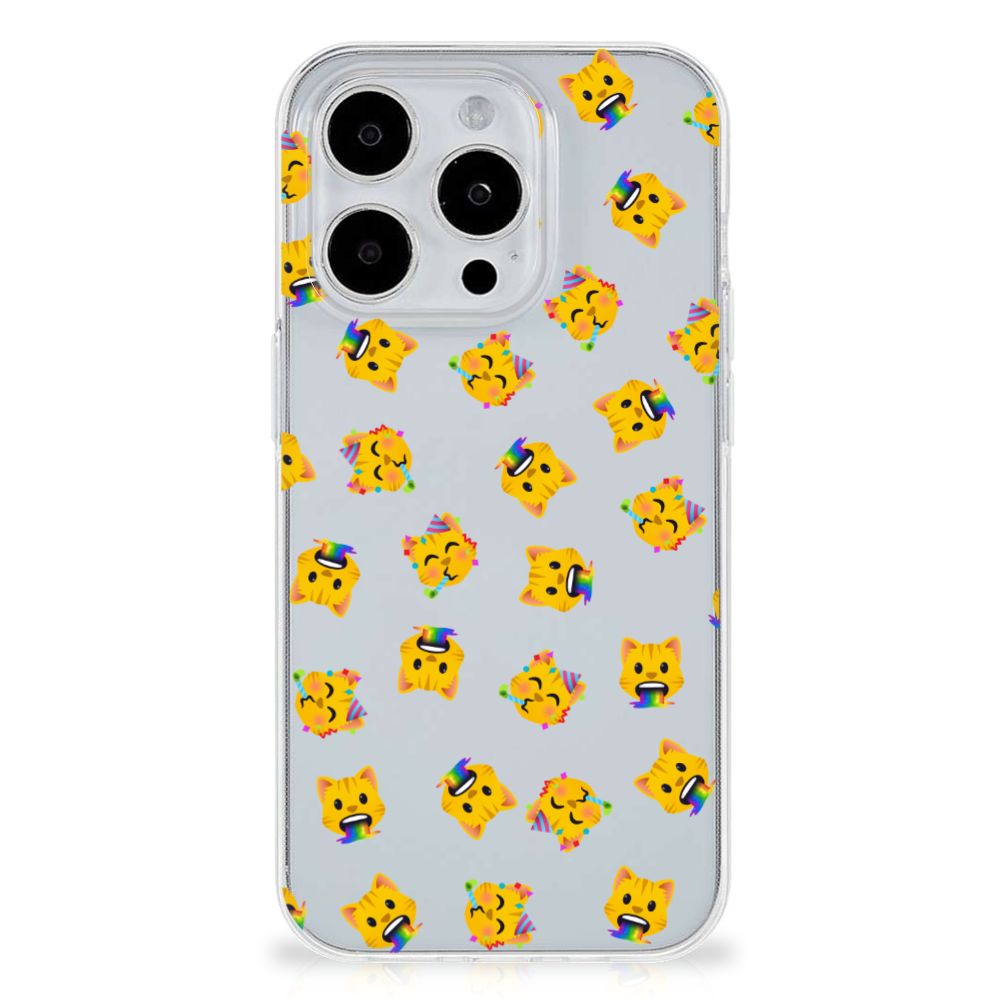 TPU bumper voor iPhone 15 Pro Katten Emojis met kleurrijke katten emoji's 🐱 op een transparante achtergrond.