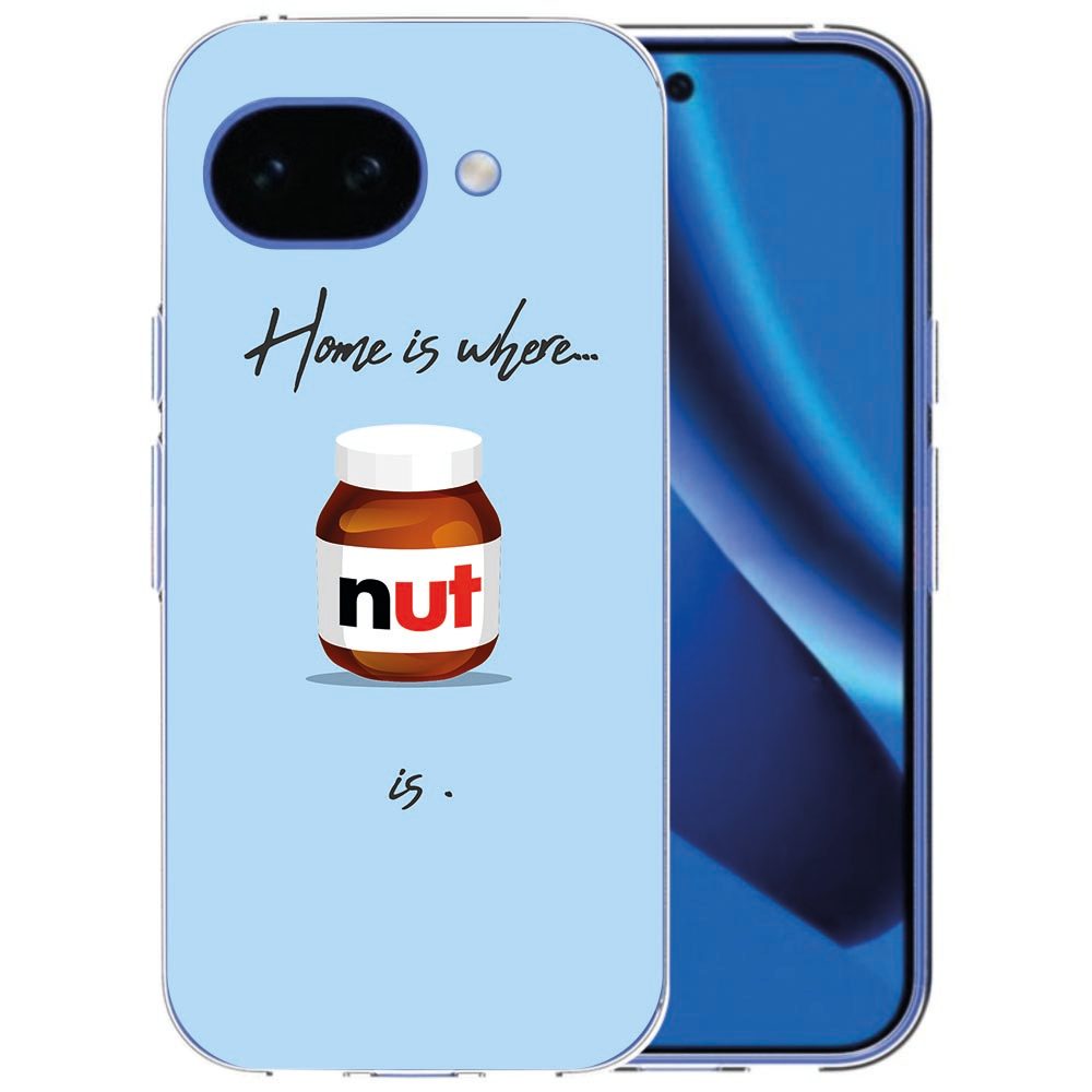 TPU hoesje Nut Home om de Google Pixel 10a, achterzijde met huiselijke pinda-print