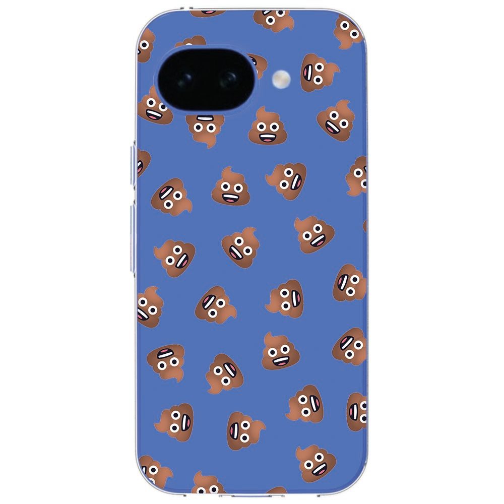 Google Pixel 10a met Poep Emojis TPU hoesje schuin gezien, detail van de print en cameraeiland