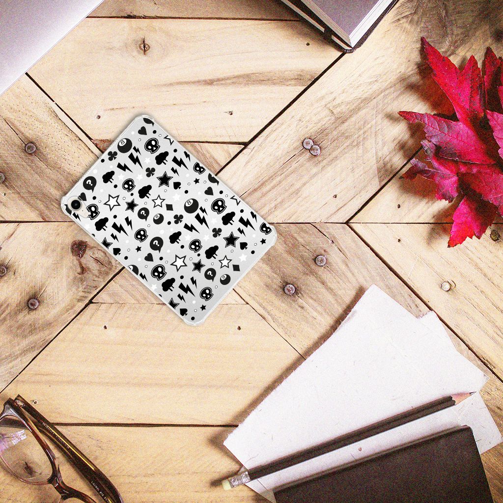 Tablet BackCover Apple iPad mini 6 (2021) Silver Punk met witte achtergrond vol sterren, doodskoppen en donderwolken.