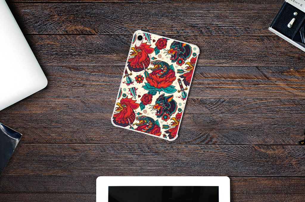 Tablet Backcover met foto voor Apple iPad mini 6 (2021) Old Skool met vintage tattoo design en rozen op tafel.