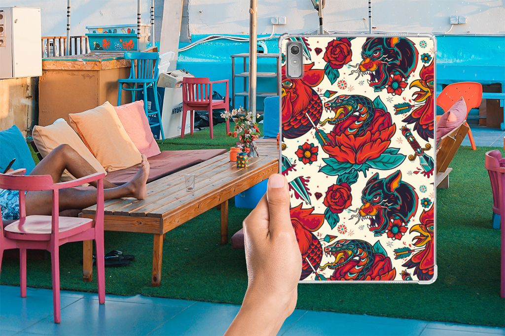 Lenovo Tab P11 Gen 2 Tablet Backcover met foto Old Skool design hand met bloemen en dieren