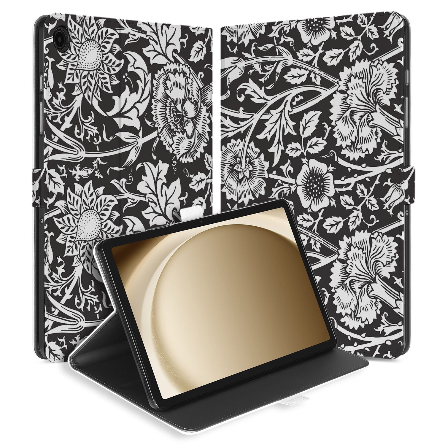 Samsung Galaxy Tab A11 Plus Tablet Book Case Black Flowers voorkant zijde