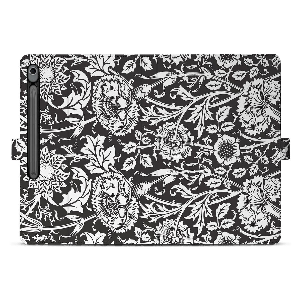 Samsung Galaxy Tab S10 FE Plus Tablet Book Case Black Flowers achterzijde zwart wit bloemen