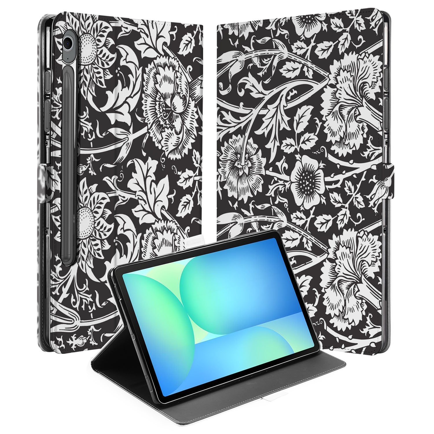 Samsung Galaxy Tab S10 FE | Tab S9 FE Tablet Book Case Black Flowers vooraan en achteraan