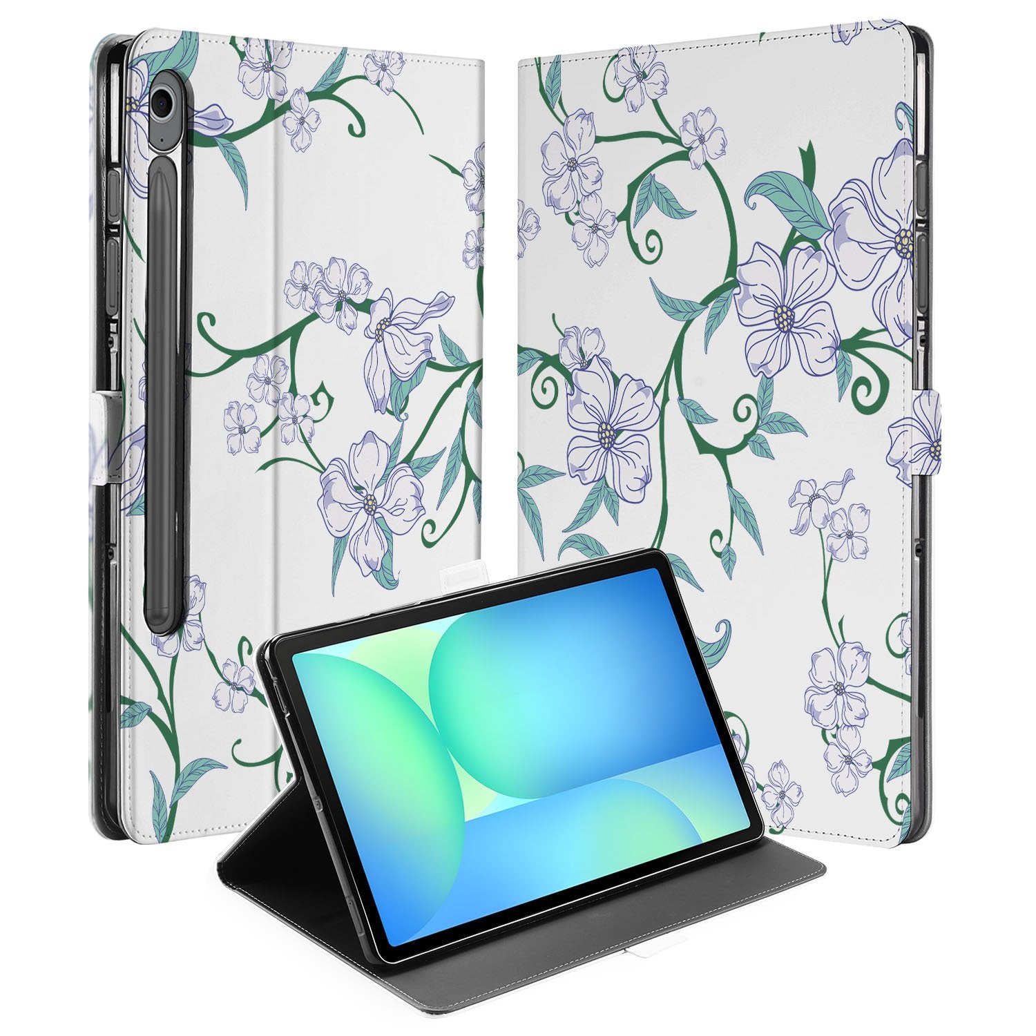 Samsung Galaxy Tab S10 FE | Tab S9 FE Tablet Book Case Blossom White bloemenprint aanzicht