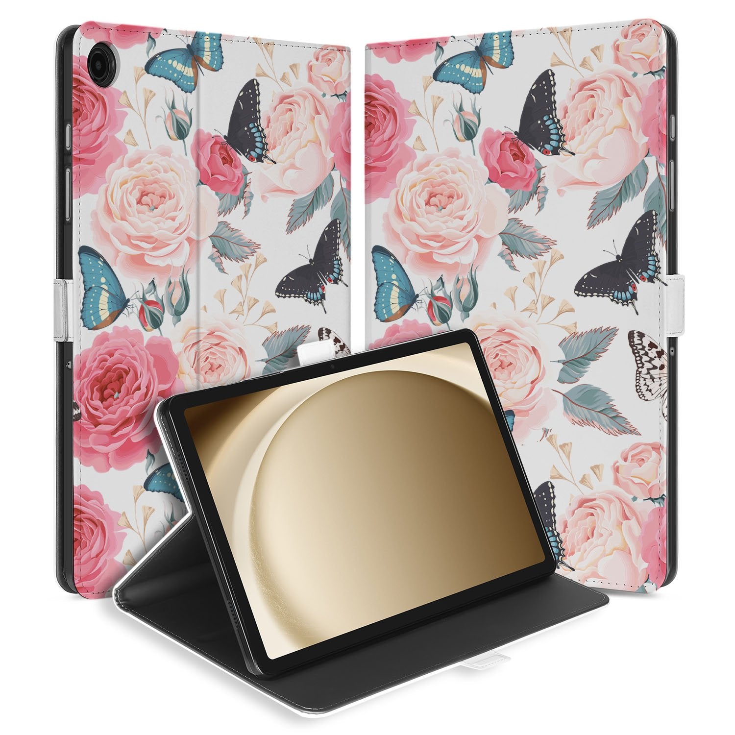 Samsung Galaxy Tab A11 Plus Tablet Book Case Butterfly Roses voorkant en achterkant