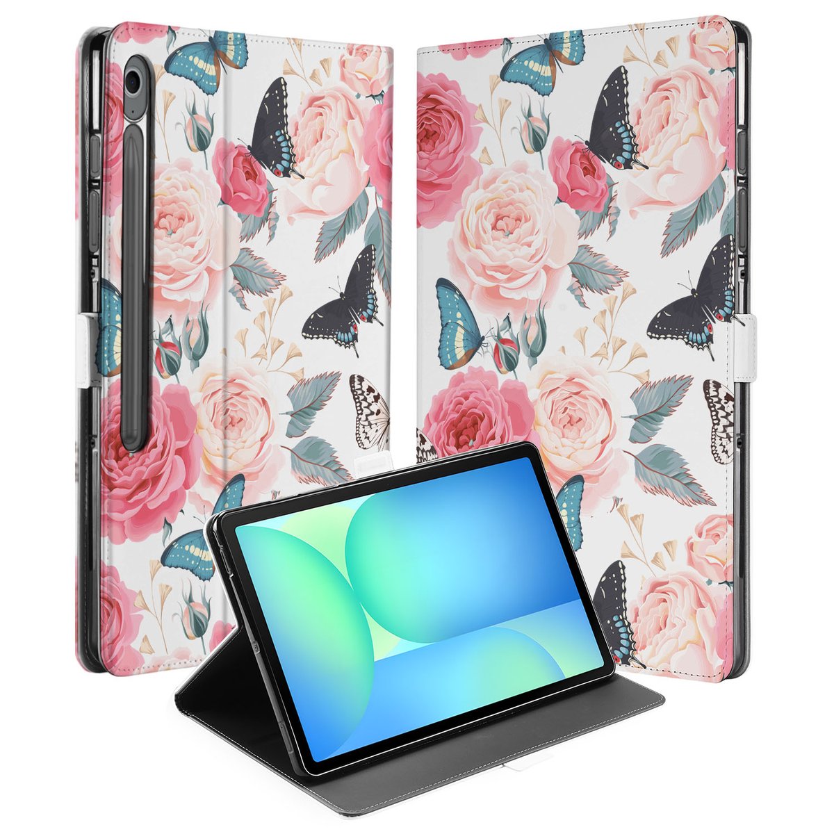 Samsung Galaxy Tab S10 FE Plus Tablet Book Case Butterfly Roses voorkant achterkant