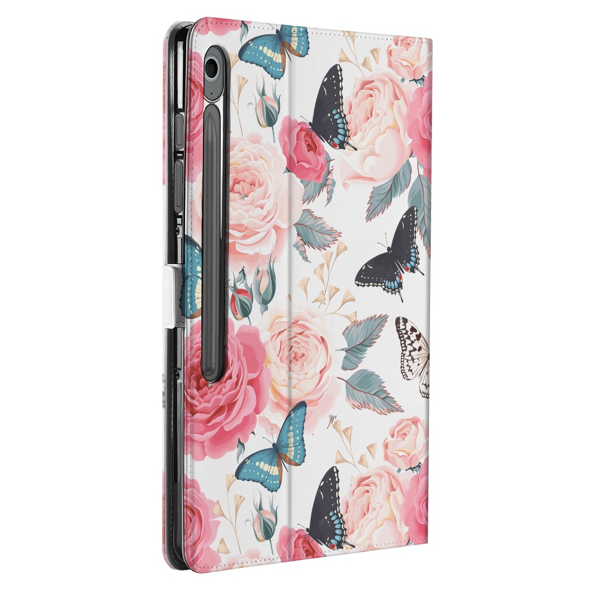 Samsung Galaxy Tab S10 FE Plus Tablet Book Case Butterfly Roses voorkant