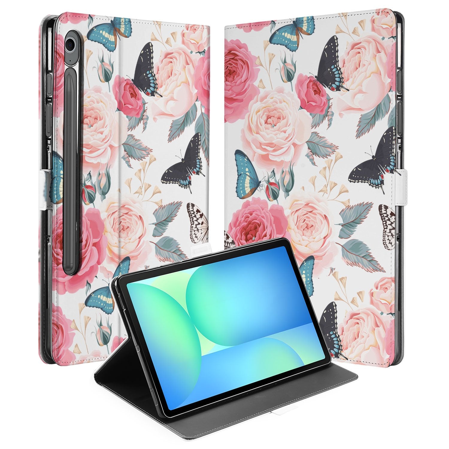 Samsung Galaxy Tab S10 FE | Tab S9 FE Tablet Book Case Butterfly Roses voorzijde zijkant
