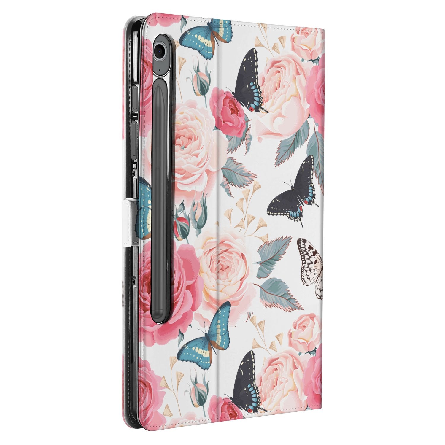 Samsung Galaxy Tab S10 FE Tab S9 FE Tablet Book Case Butterfly Roses zijaanzicht