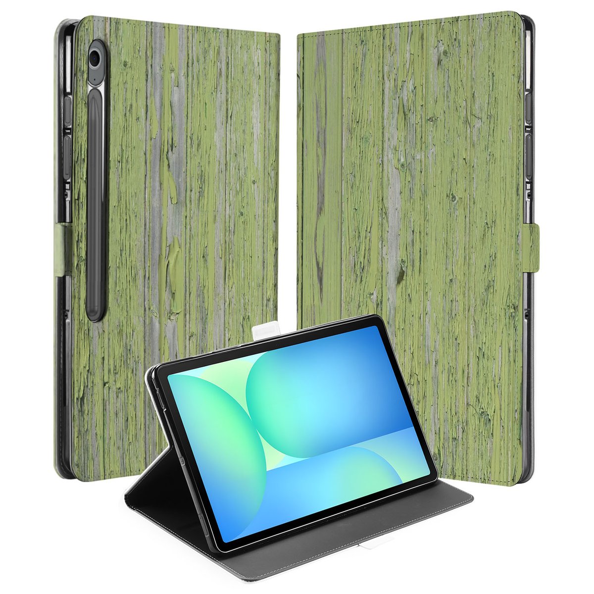 Samsung Galaxy Tab S10 FE Plus Tablet Book Case Green Wood voorkant achterkant