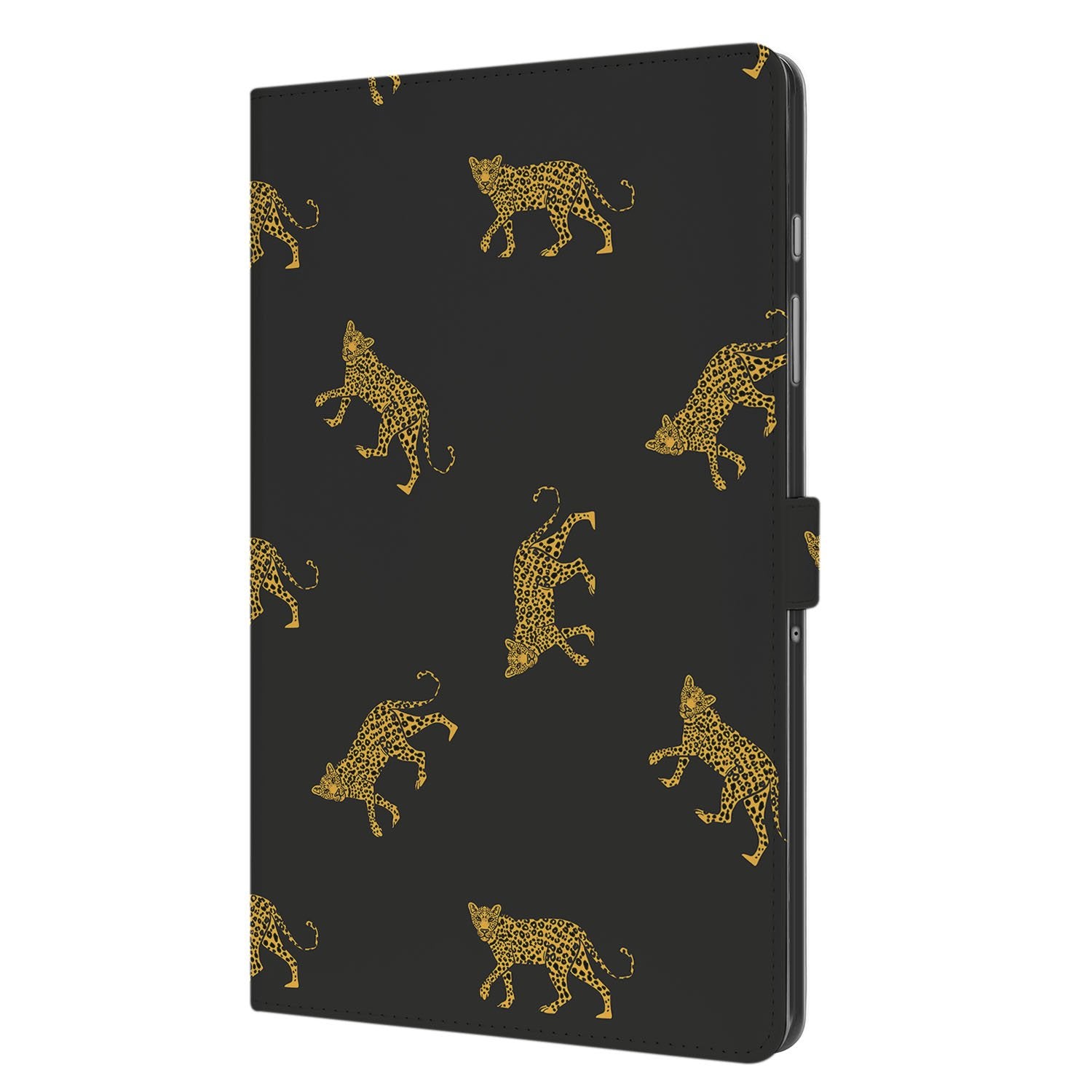 Samsung Galaxy Tab A11 Plus Tablet Book Case Leopard zwart met gouden panterdesign voorkant