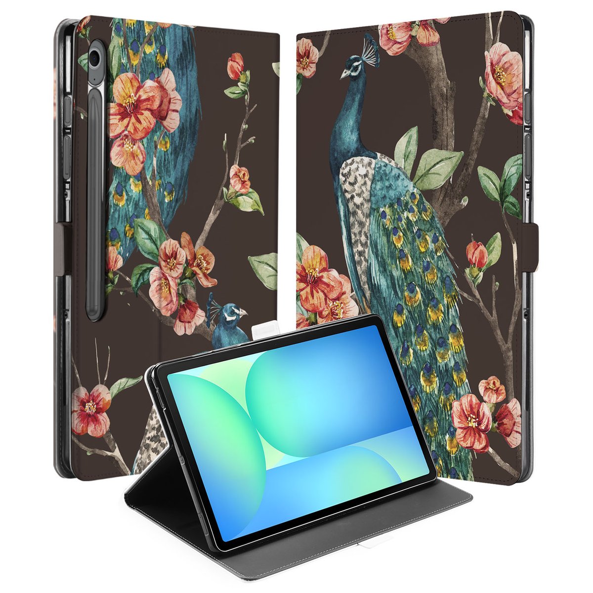 Samsung Galaxy Tab S10 FE Plus Tablet Book Case Pauw met Bloemen vooraanzicht