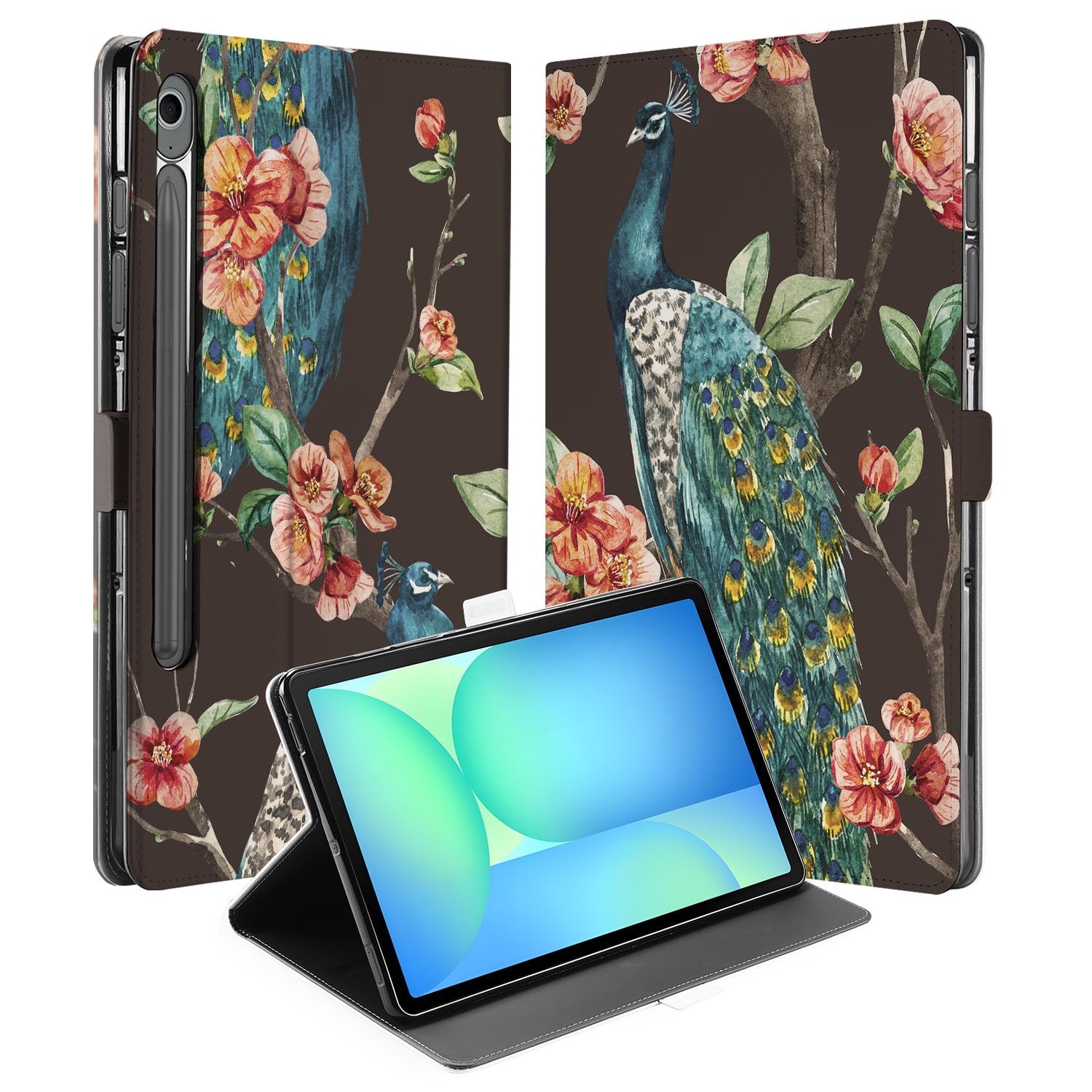 Samsung Galaxy Tab S10 FE | Tab S9 FE Tablet Book Case Pauw met Bloemen voorkant achterzijde