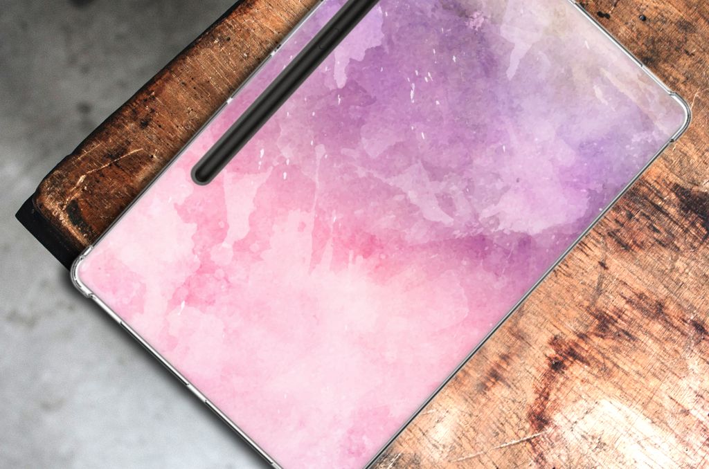 Tablethoes Samsung Galaxy Tab S9 Plus Pink Purple Paint met schilderachtig design voor bescherming en uitstraling.