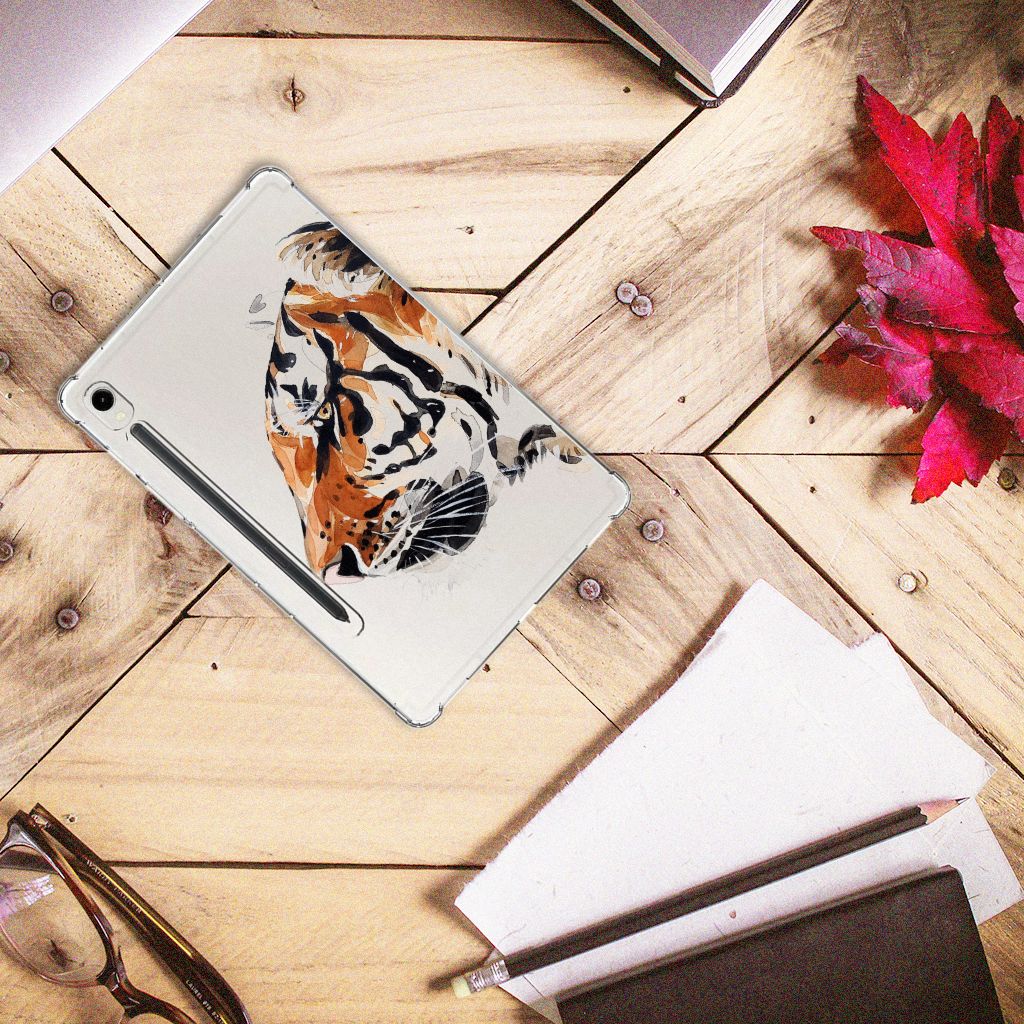 Samsung Galaxy Tab S9 Tablethoes Watercolor Tiger bovenaanzicht op houten tafel