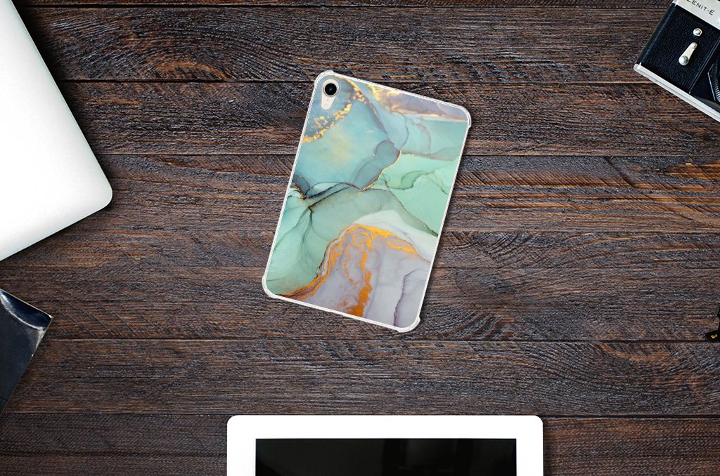 Tablethoes voor Apple iPad mini 6 (2021) Watercolor Mix met een prachtig design in groen en goud.