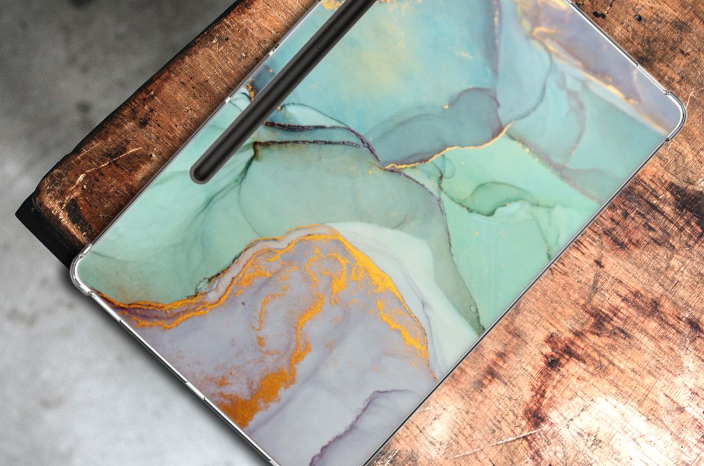 Tablethoes voor Samsung Galaxy Tab S9 Plus Watercolor Mix met prachtige kleuren en gouden details.