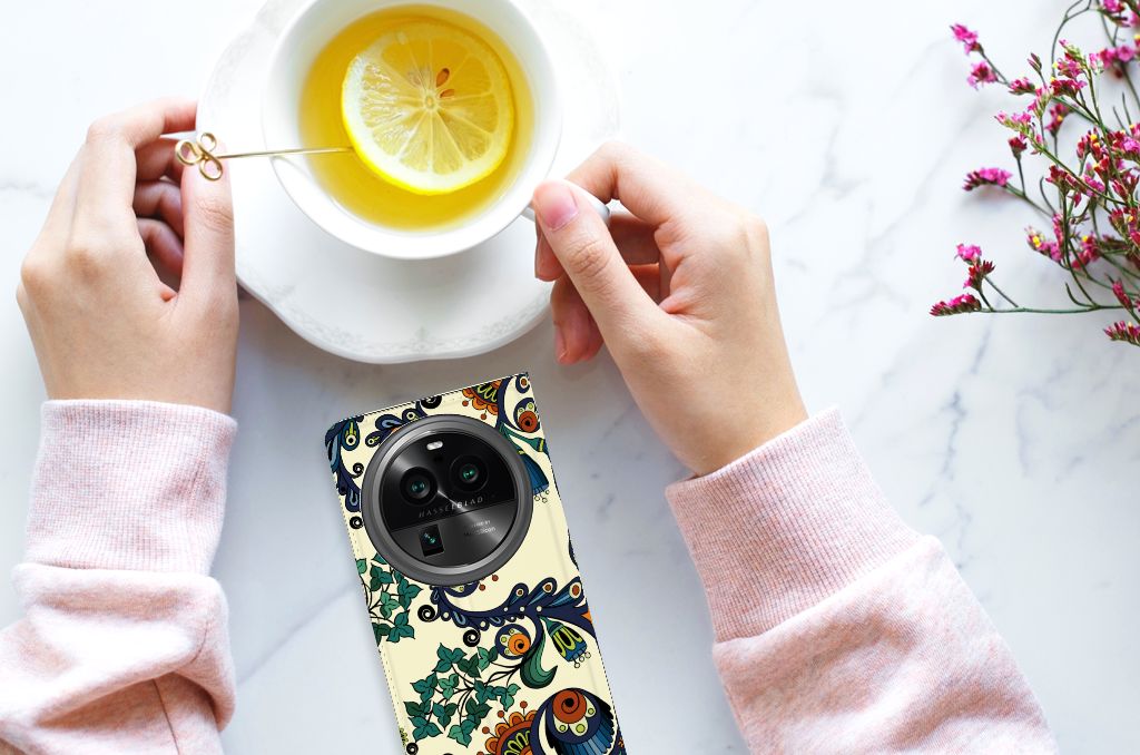 OPPO X6 Pro Telefoon Hoesje Barok Flower boven aanzicht met hand en kopje thee