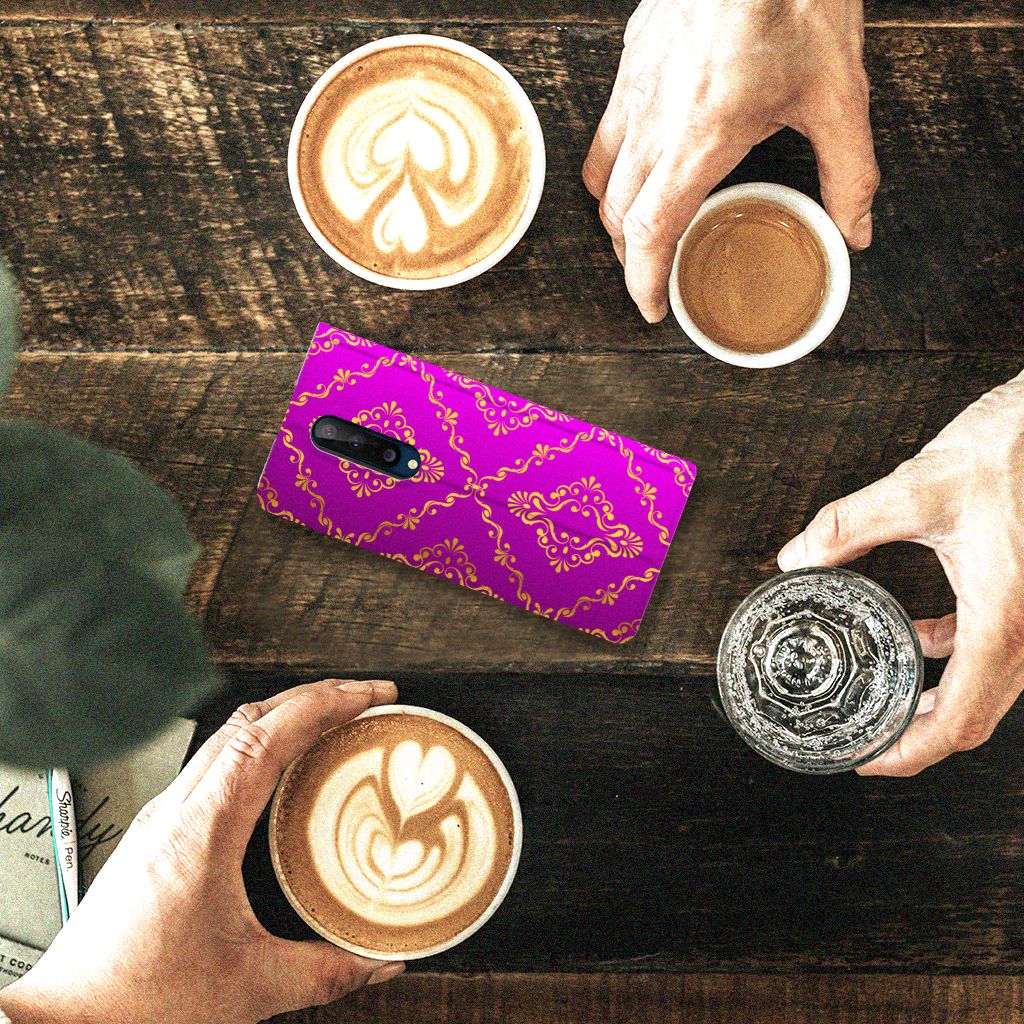 OnePlus 8 Telefoon Hoesje Barok Roze bovenaanzicht met koffie