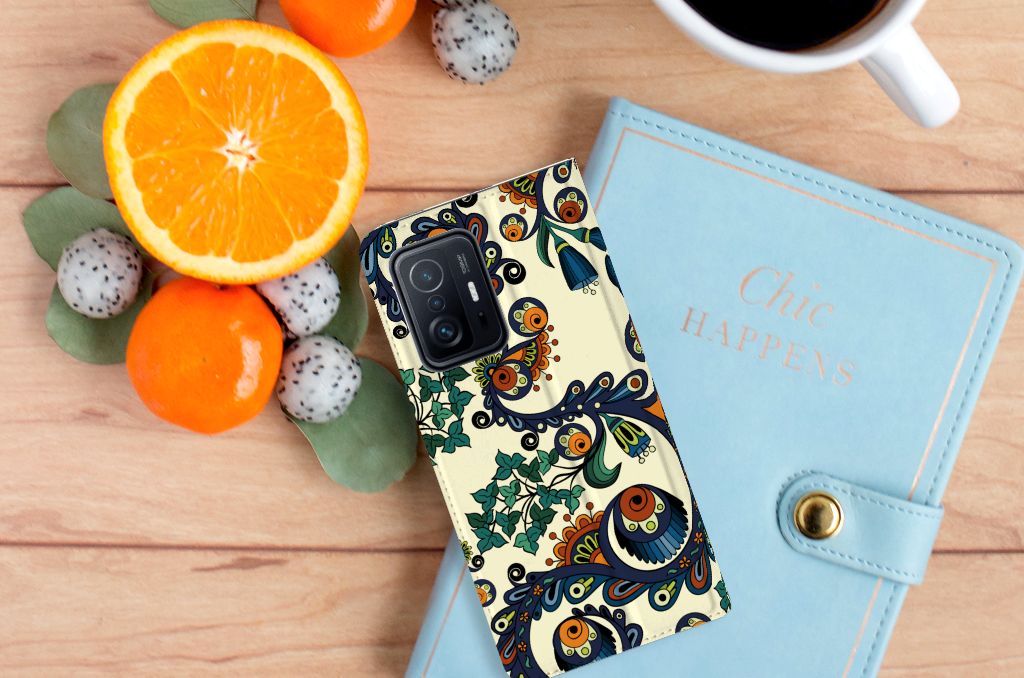 Telefoon Hoesje Xiaomi 11T | Xiaomi 11T Pro Barok Flower design voorkant smartphone met bloemen en ogen op bureau
