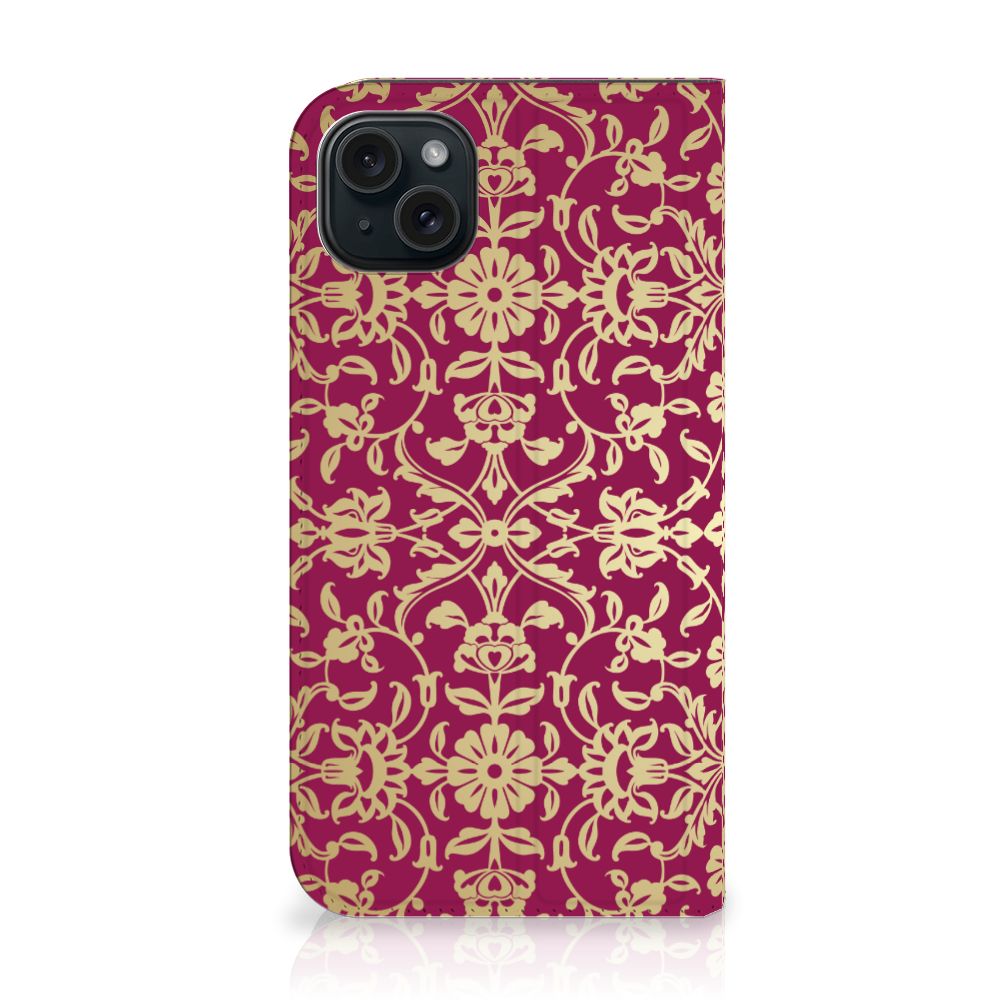 Telefoon Hoesje iPhone 15 Plus Barok Pink met een elegant barokdesign in roze en gouden bloemen.