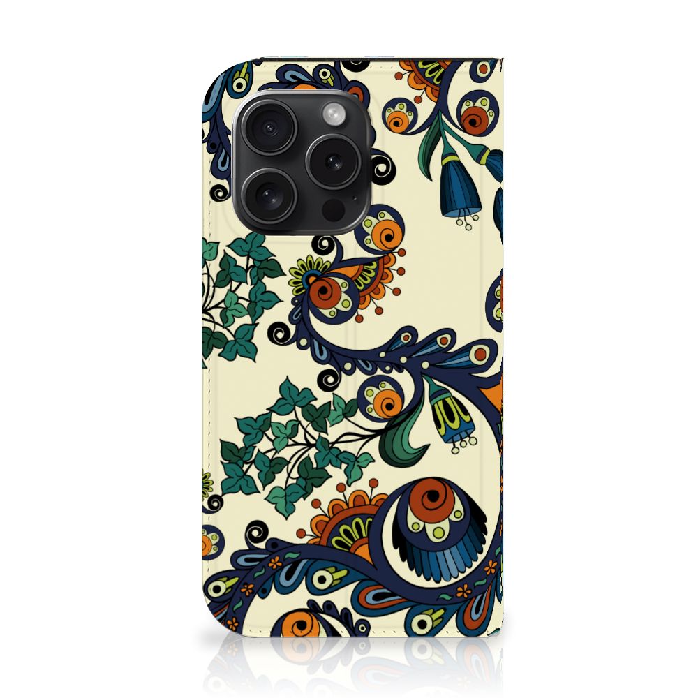 Telefoon Hoesje iPhone 15 Pro Barok Flower met kleurrijke bloemen en ogen in een barokke stijl.