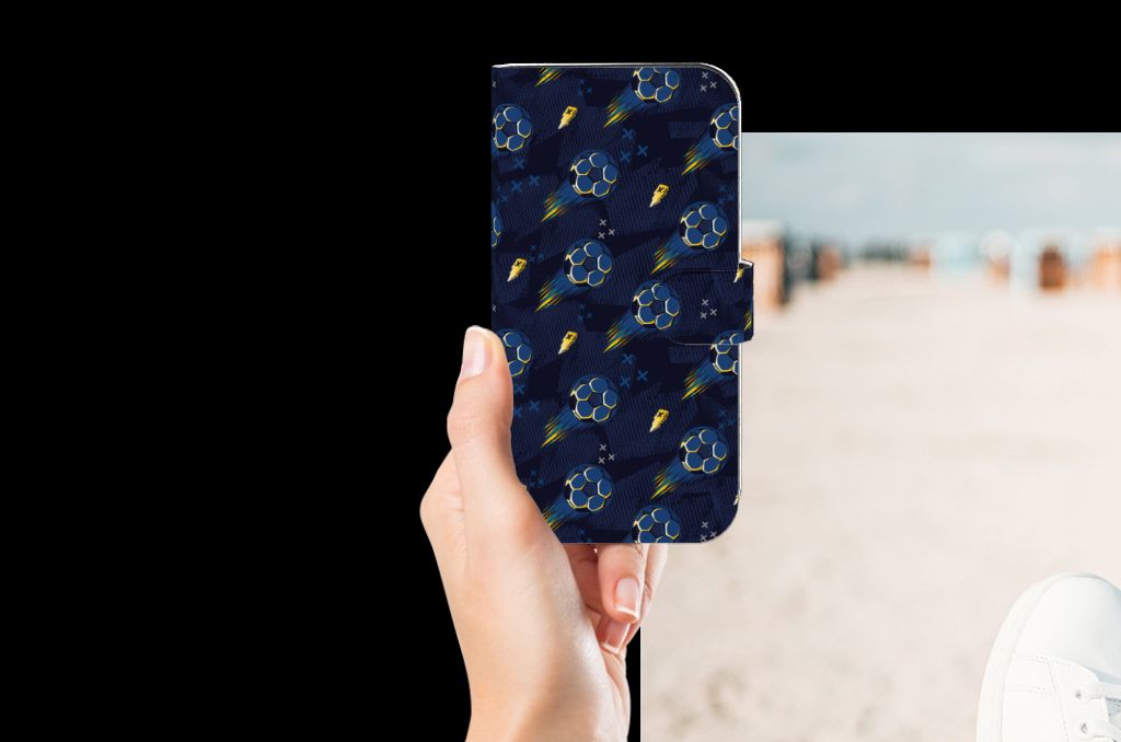 Telefoon Hoesje voor iPhone 15 Pro Max Voetbal met een blauw voetbalpatroon en bliksem 🌩️