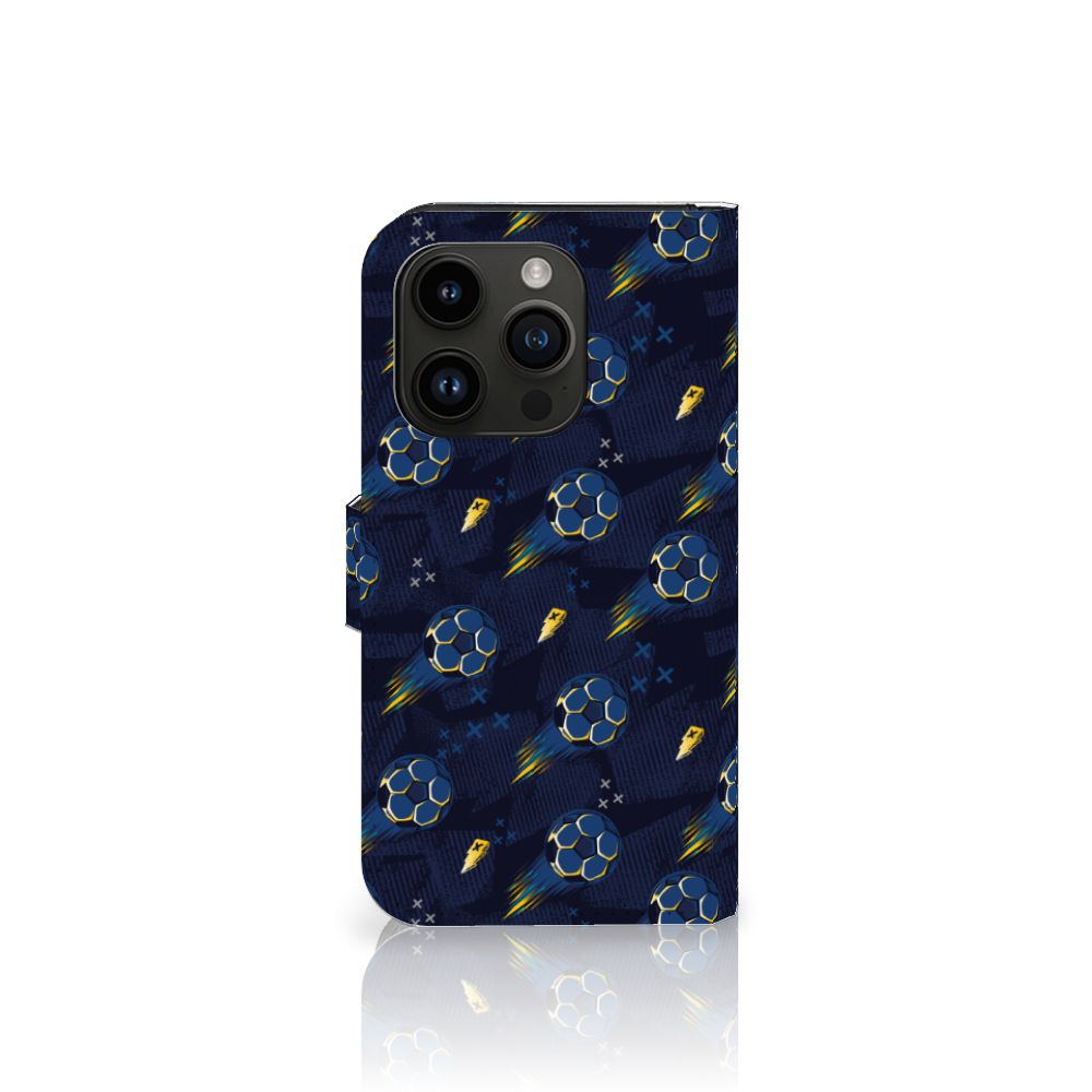 Telefoon Hoesje voor iPhone 15 Pro Voetbal met kleurrijk ontwerp van voetballen en sterren.
