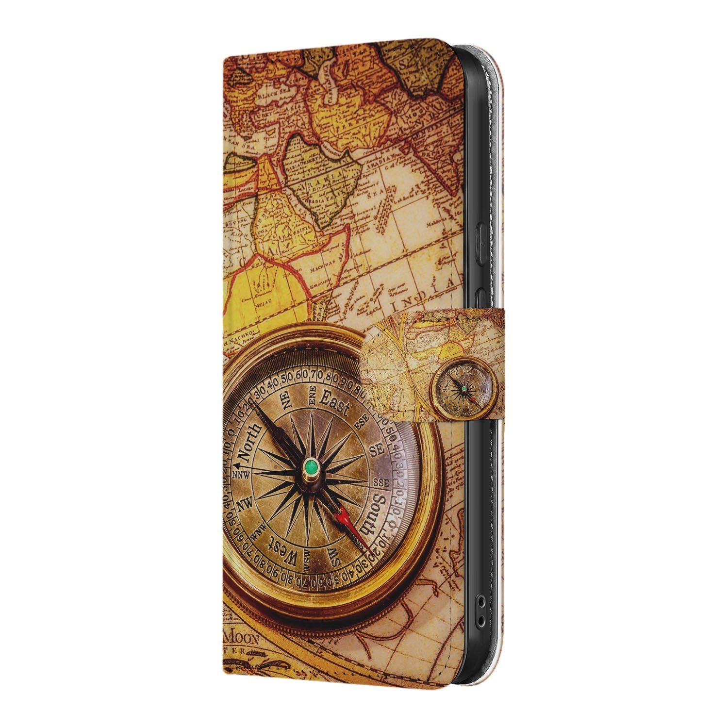 Telefoonhoesje Google Pixel 10 En 10 Pro Kompas Geel Oranje Met Magnetische Sluiting kompas kaart bookcase zijaanzicht