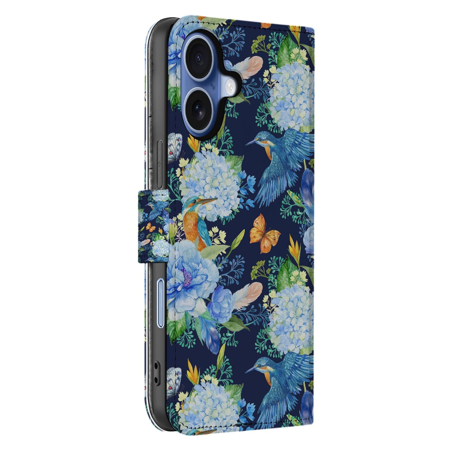 Telefoonhoesje Met Pasjes Apple iPhone 17 Ijsvogel PU Leer boekhoesje ijsvogel bloemen design zijkant