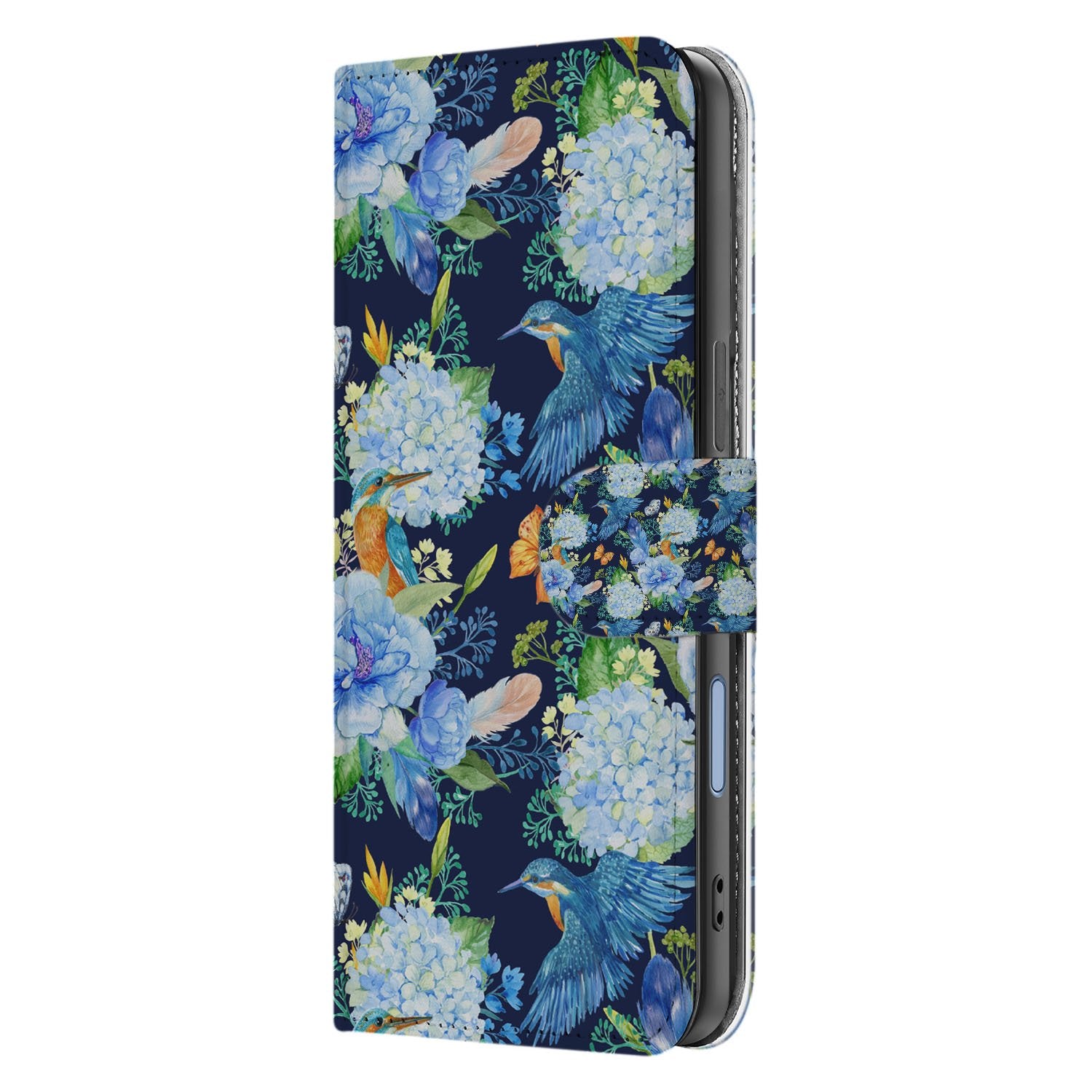 Telefoonhoesje Met Pasjes Apple iPhone 17 Ijsvogel PU Leer bloemen ijsvogel boekhoesje donkerblauw