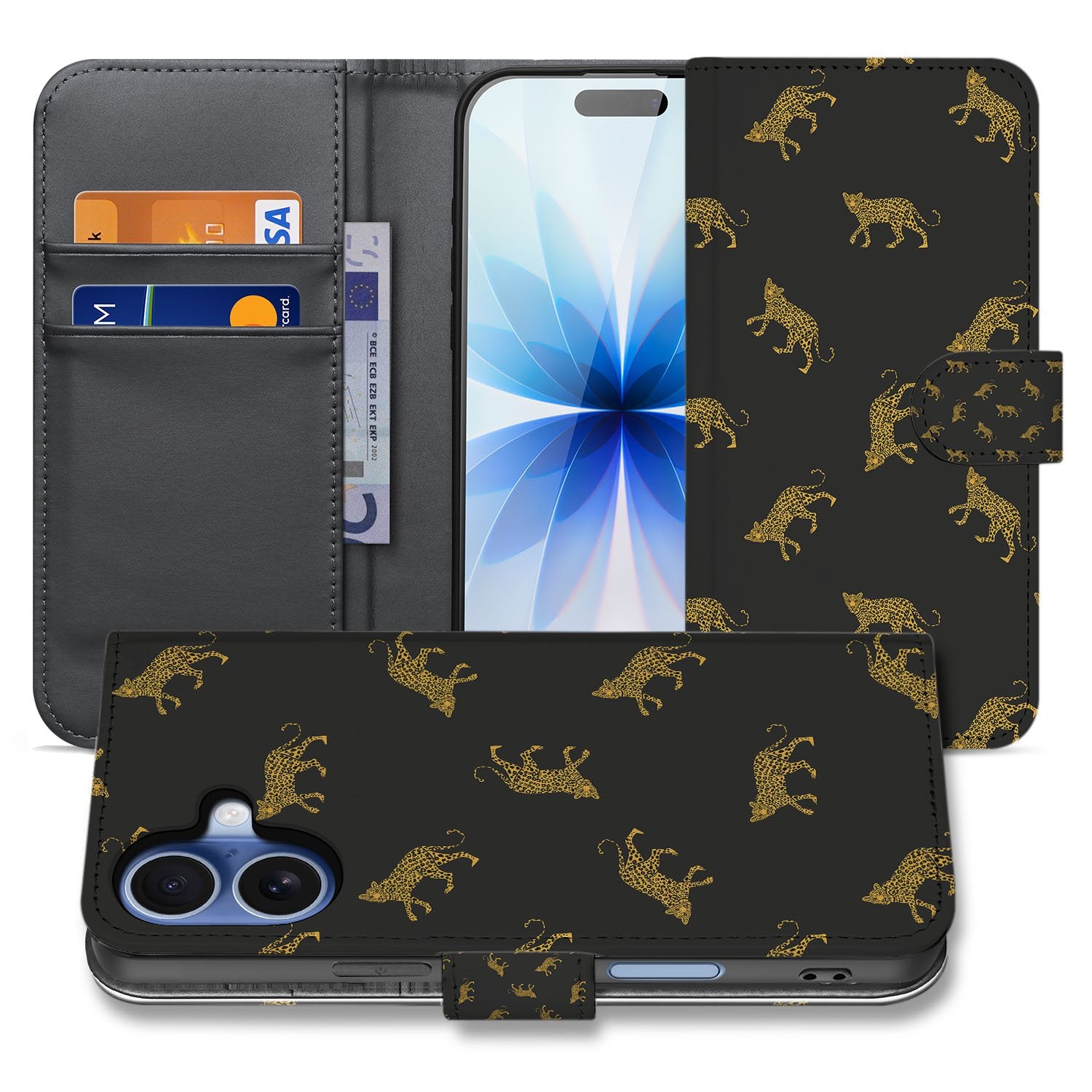 Telefoonhoesje Met Pasjes Apple iPhone 17 Luipaardprint PU Leer boekhoesje design luipaardprint aanzicht