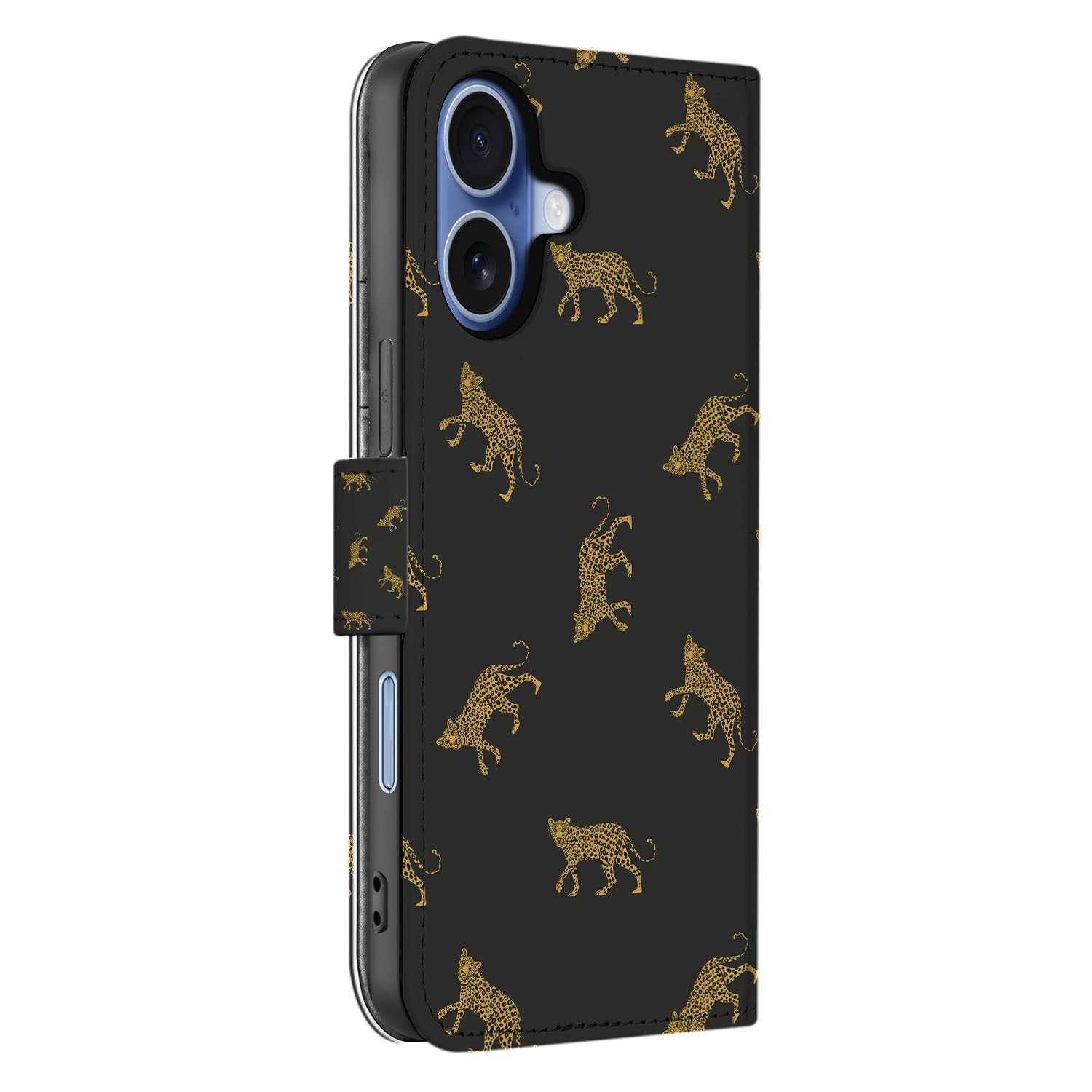 Telefoonhoesje Met Pasjes Apple iPhone 17 Luipaardprint PU Leer luipaardprint zwart goud hoekansicht