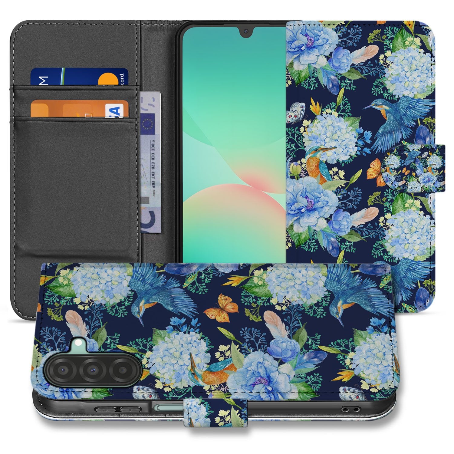 Samsung Galaxy A17 Telefoonhoesje Met Pasjes Ijsvogel PU Leer voorkant binnen