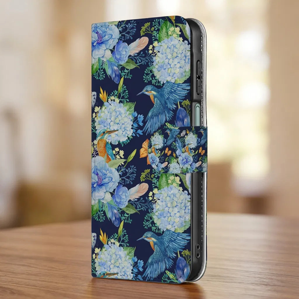 Samsung Galaxy A17 Telefoonhoesje Met Pasjes Ijsvogel PU Leer zijaanzicht bloemprint