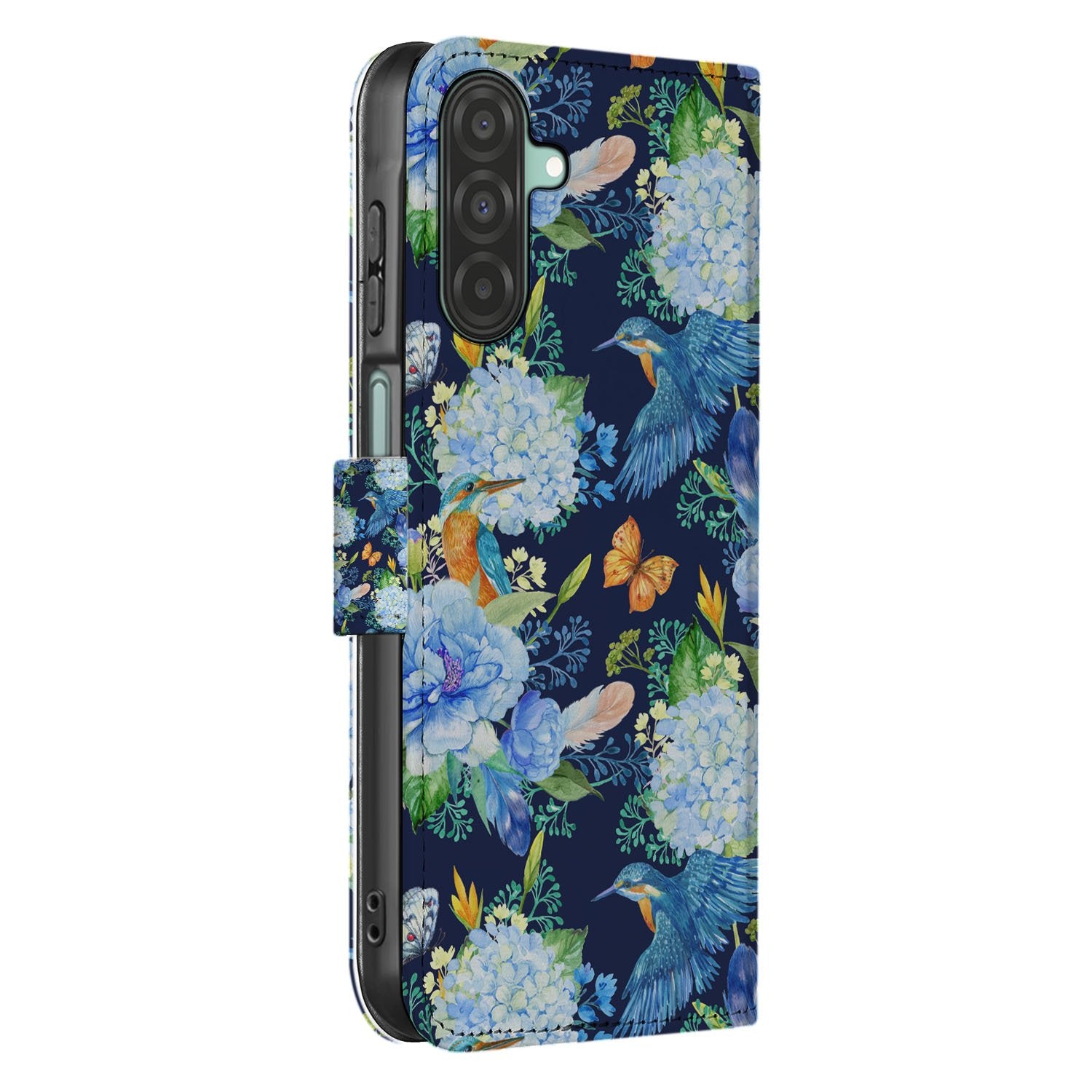 Samsung Galaxy A17 Telefoonhoesje Met Pasjes Ijsvogel PU Leer zijaanzicht bloemenprint