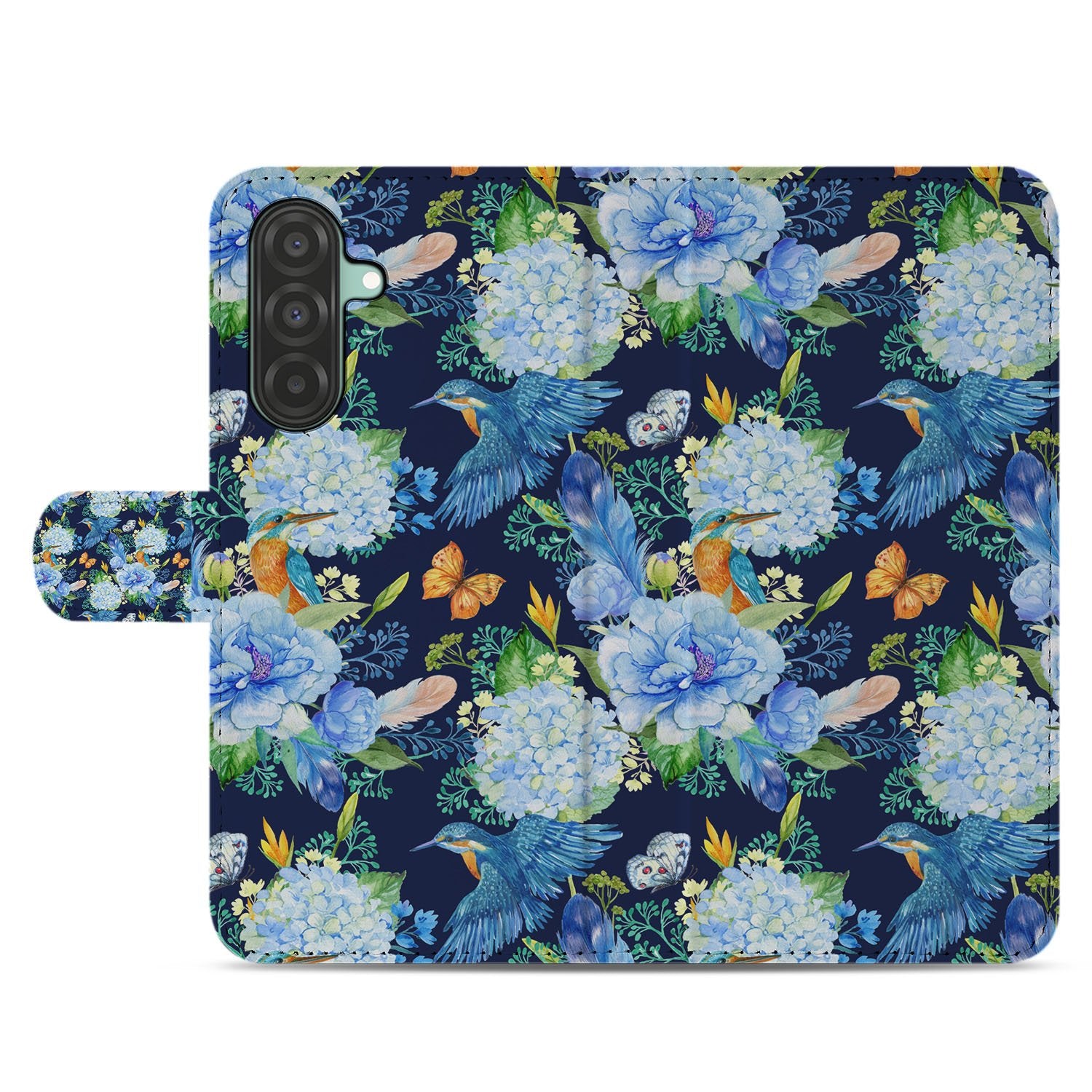 Samsung Galaxy A17 Telefoonhoesje Met Pasjes Ijsvogel PU Leer donkerblauw bloemen design voorzijde