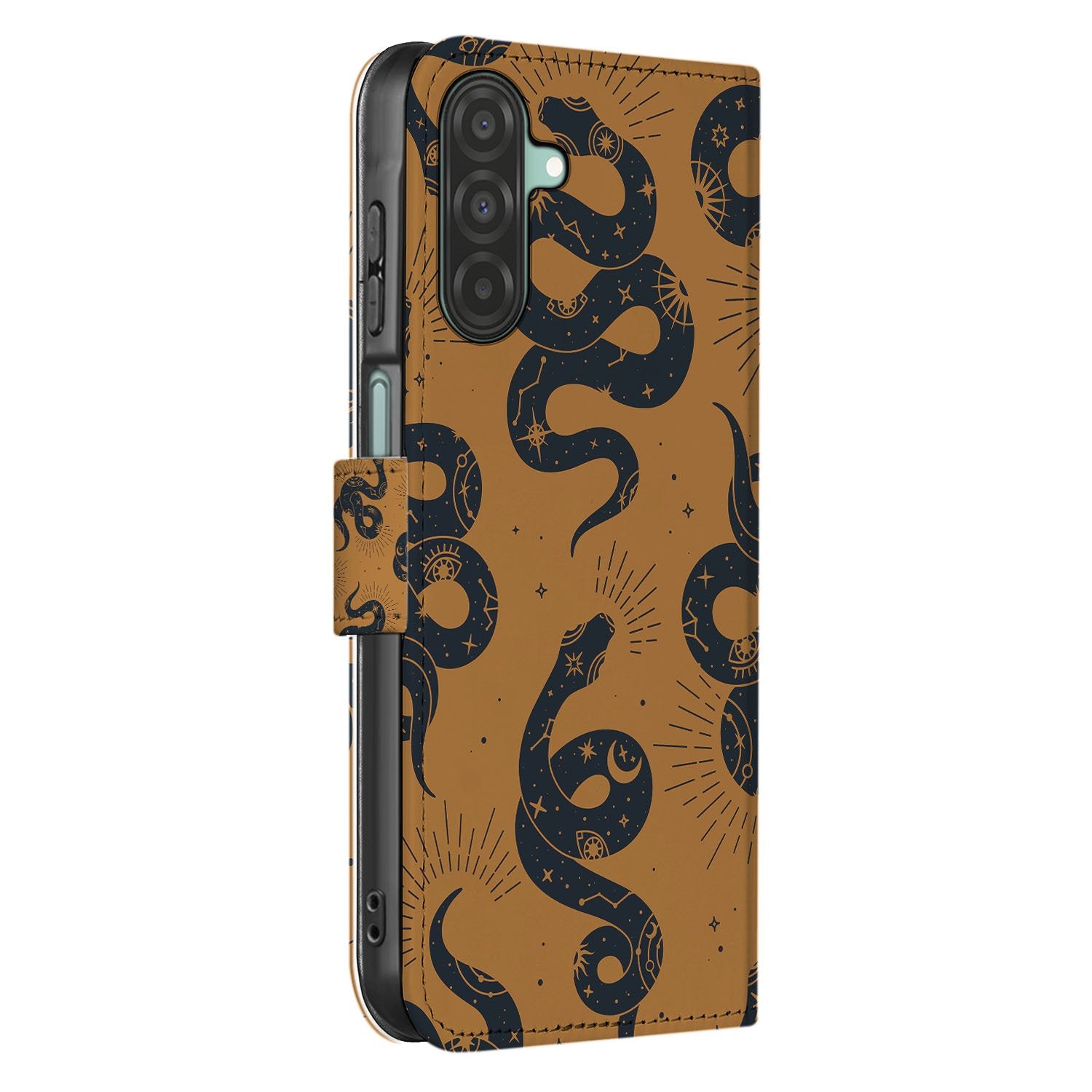 Telefoonhoesje Met Pasjes Samsung Galaxy A17 Slangen Design PU Leder 3 Pasjes bruin zwart slangenprint aanzicht
