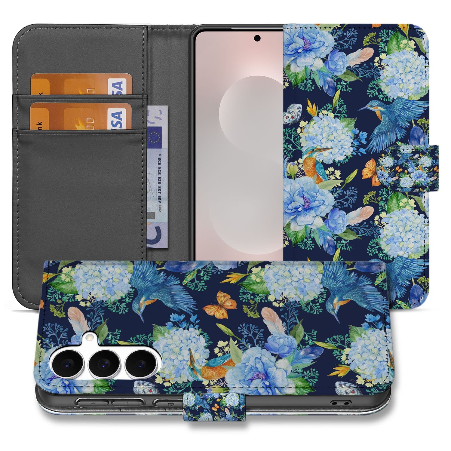 Samsung Galaxy S25 FE Telefoonhoesje Met Pasjes Ijsvogel donkerblauw bloemen design aanzicht