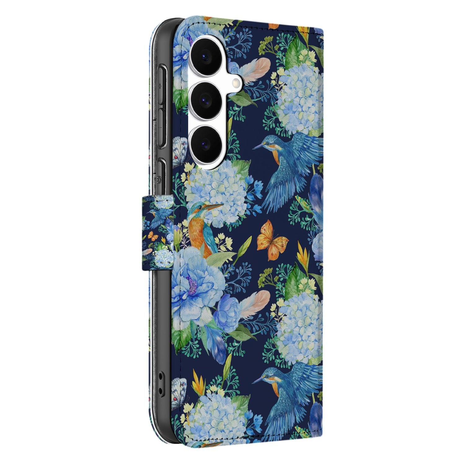 Samsung Galaxy S25 FE Telefoonhoesje Met Pasjes Ijsvogel PU Leer boekhoesje bloemenprint aanzicht