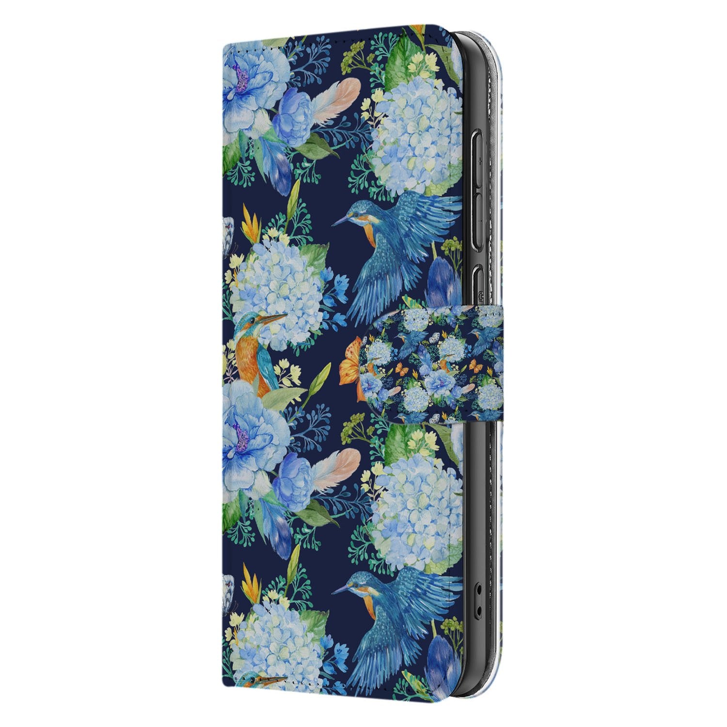 Samsung Galaxy S25 FE Telefoonhoesje Met Pasjes Ijsvogel PU Leer donkerblauw bloemen aanzicht