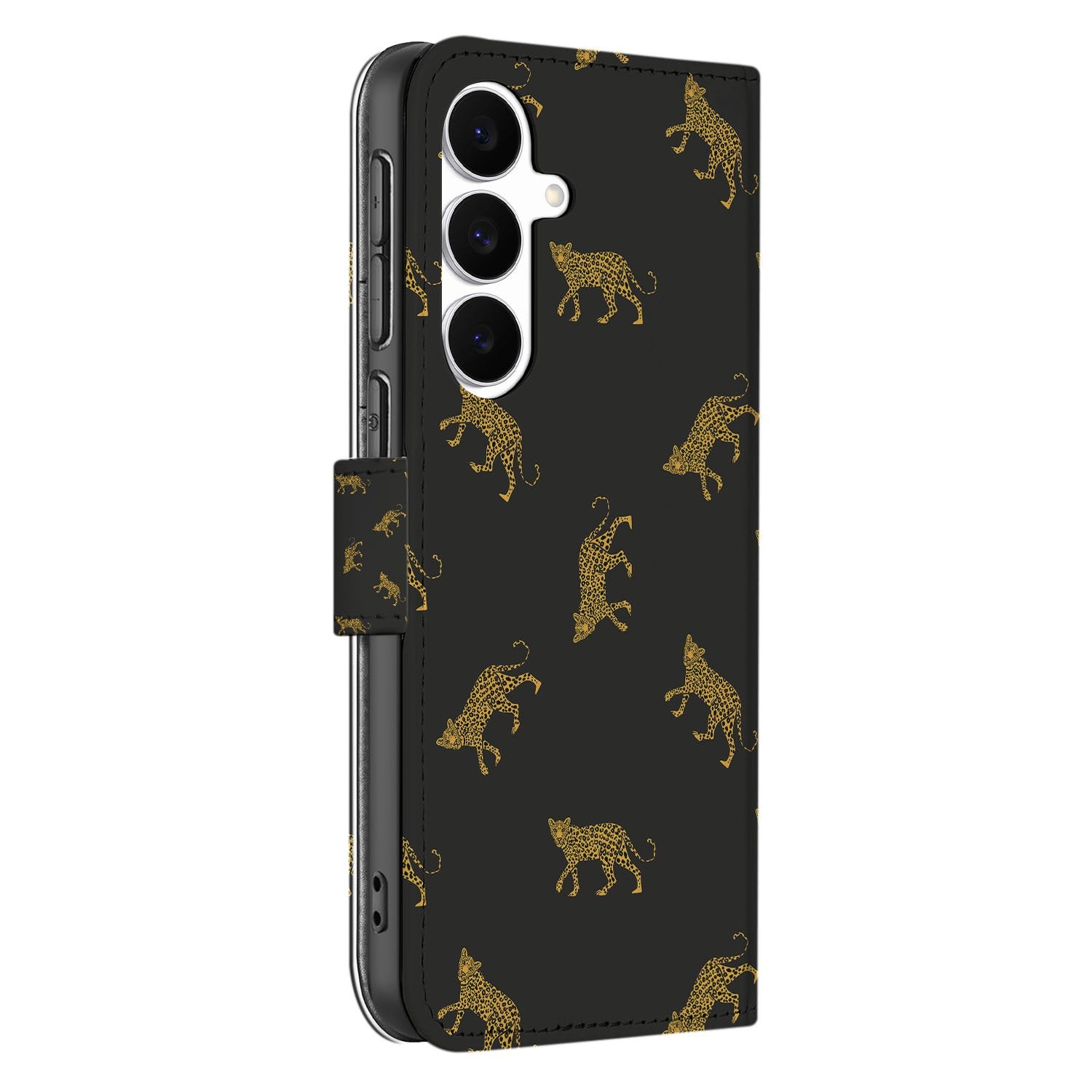 Samsung Galaxy S25 FE Telefoonhoesje Met Pasjes Luipaardprint Zwart Goud Zijkant