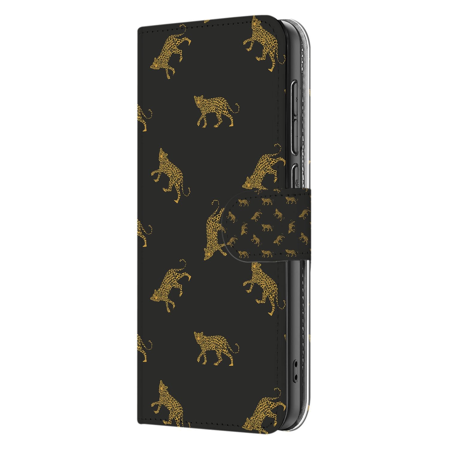 Samsung Galaxy S25 FE Telefoonhoesje Met Pasjes Luipaardprint zwart goud voorkant