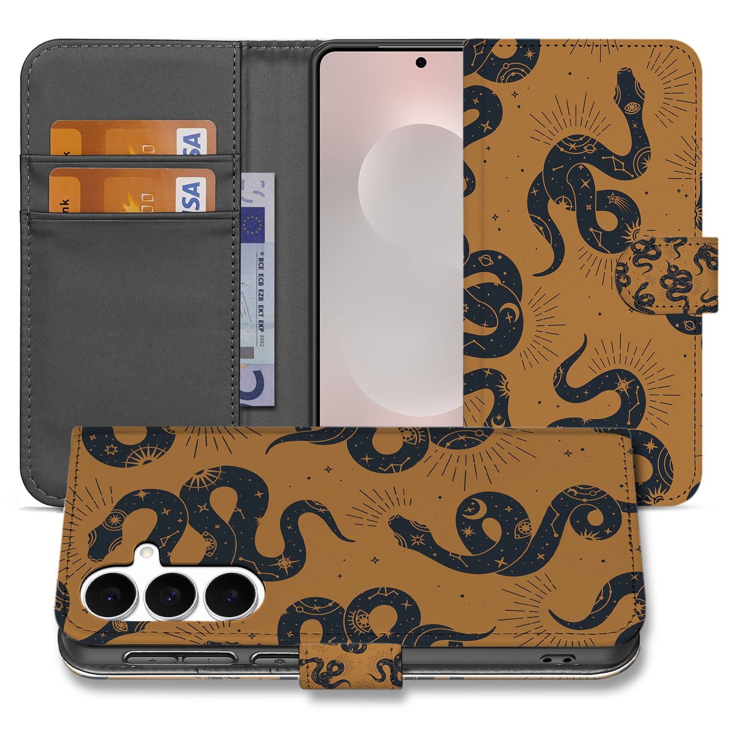 Telefoonhoesje Met Pasjes Samsung Galaxy S25 FE Slangen Design PU Leder 3 Pasjes slangenprint bruin grijs