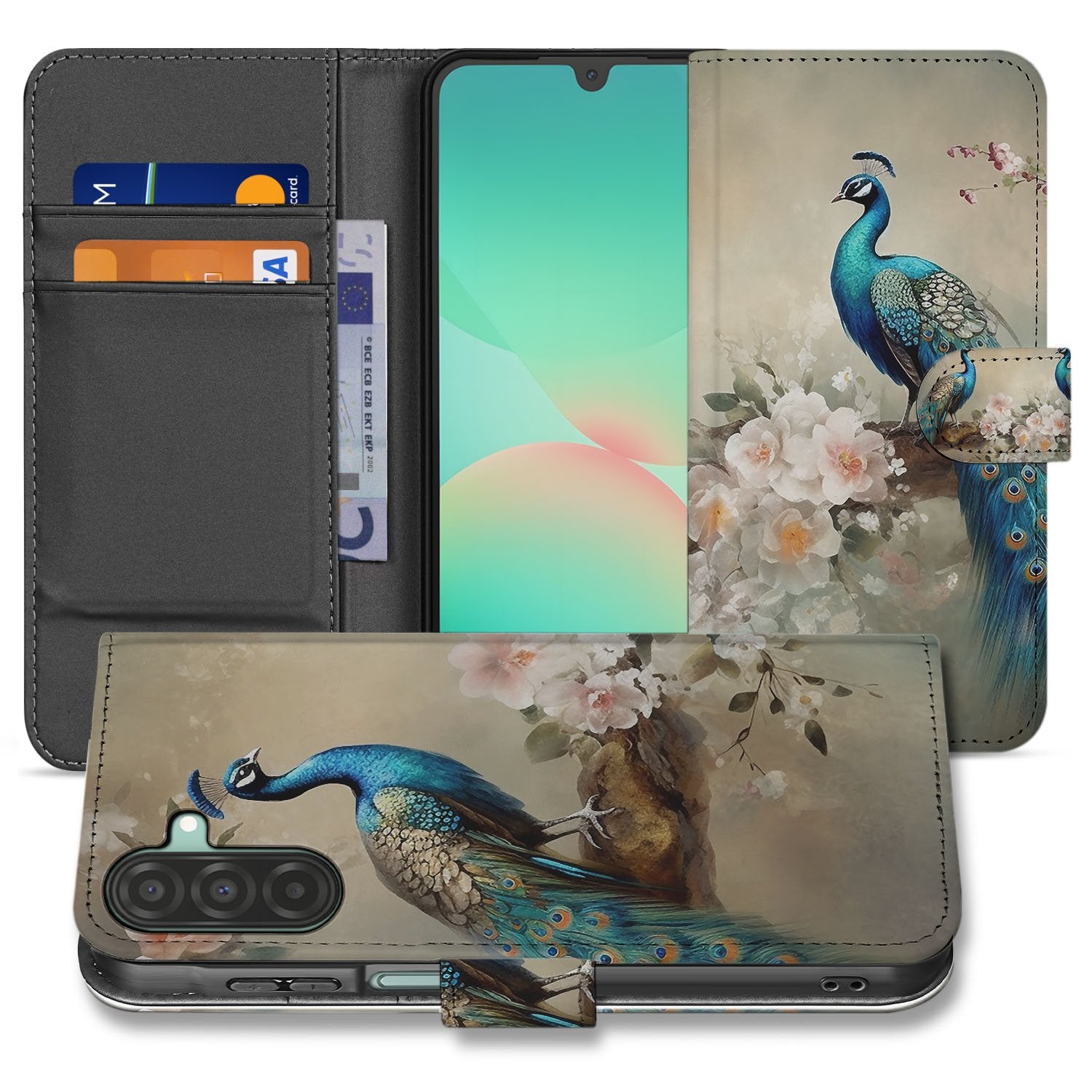 Samsung Galaxy A17 Telefoonhoesje Met Pasjes Vintage Pauw Design vooraanzicht